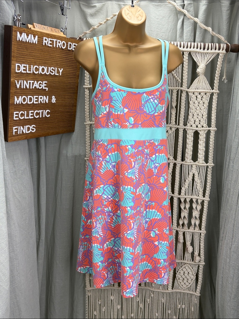 Soybu Teal & Coral Shell-Print Athletic Fit and Flare Strappy Tank Dress  | L
